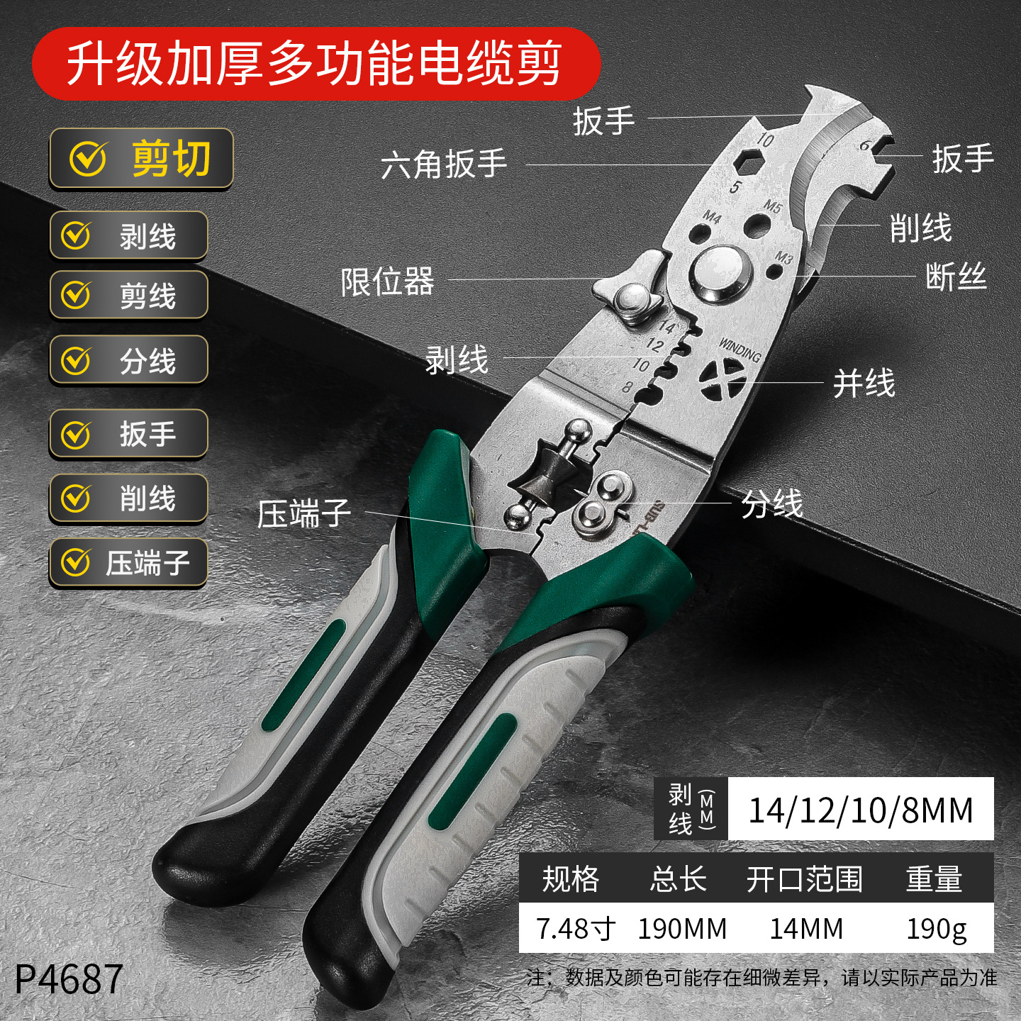 Alicates para herramientas transfronterizas, alicates para pelacables, electricistas de grado industrial, alicates para pelacables multifuncionales de 7 pulgadas y 25 en uno