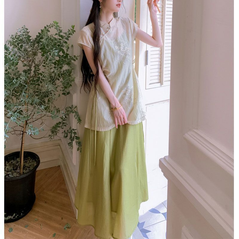 2025 Summer New Improved New Chinese Style Daily Cheongsam Green Elegant Suspender Dress Top Two-Piece Set