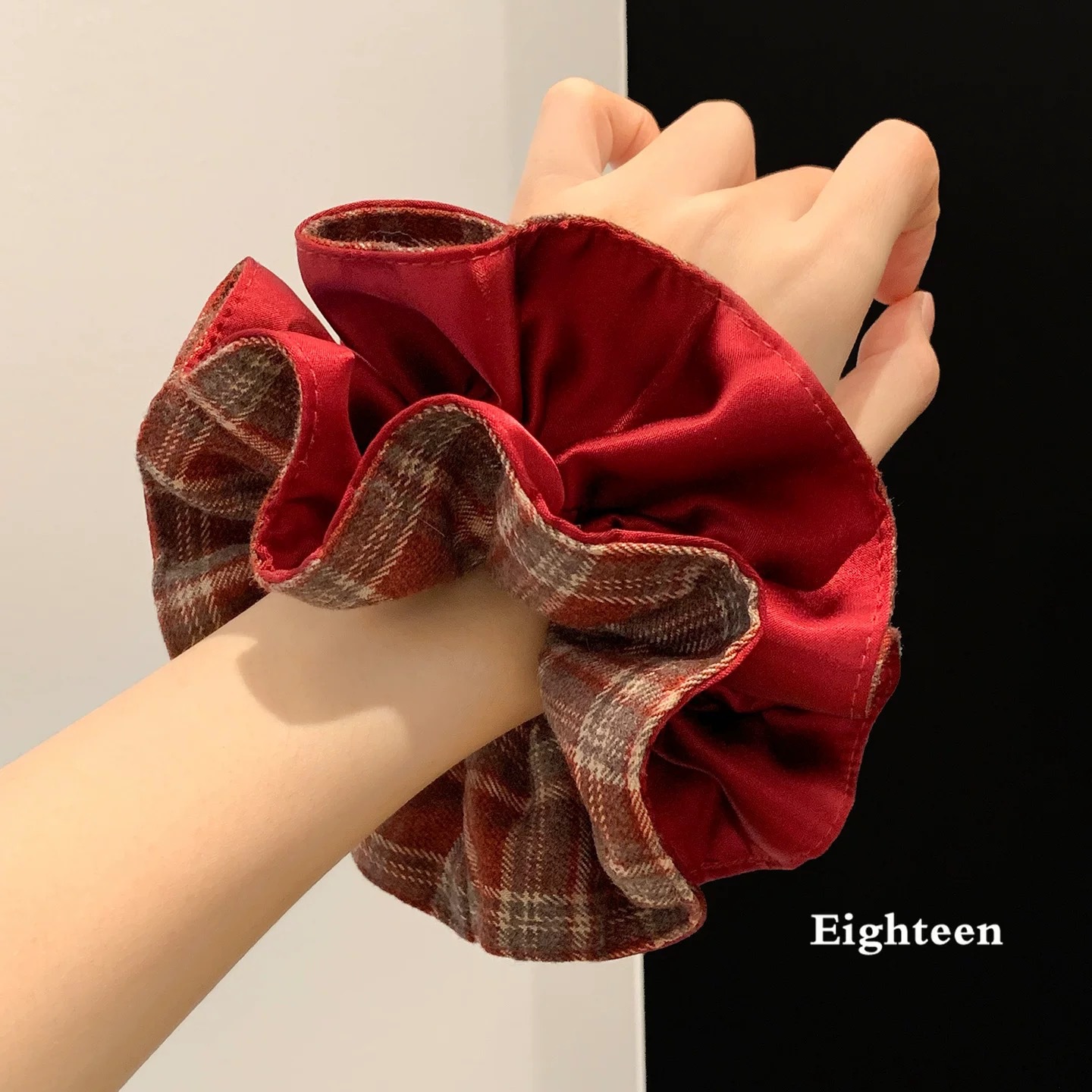 60# 레드 체크 무늬 스플라이싱 더블 레이어 헤어 타이-14cm