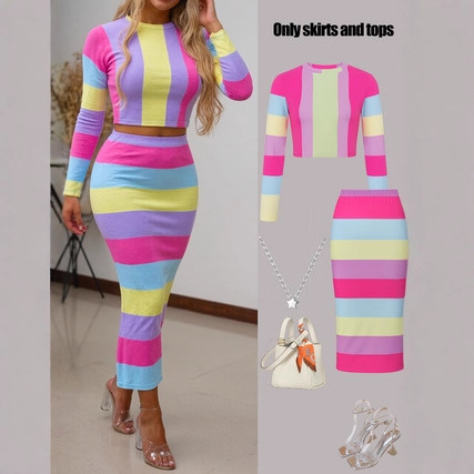 Women's Slim-Fit Striped Long Sleeve Top And Midi Skirt Set, Elegant Two-Piece Outfit ​​Elegant Midi Length_ecoleips.com