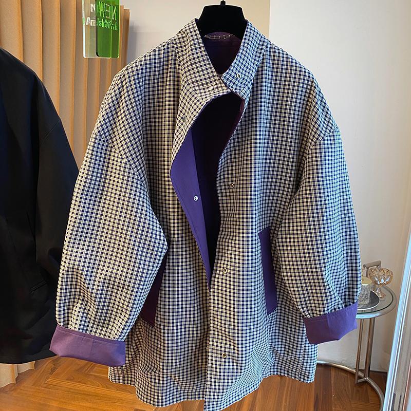 新品大码斤欧货两面穿风衣外套女中长款紫宽松立领格子大衣|undefined