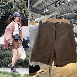 BM杨幂同款短裤百搭休闲棕色格子热裤bm宽松显瘦直筒裤花儿与少年