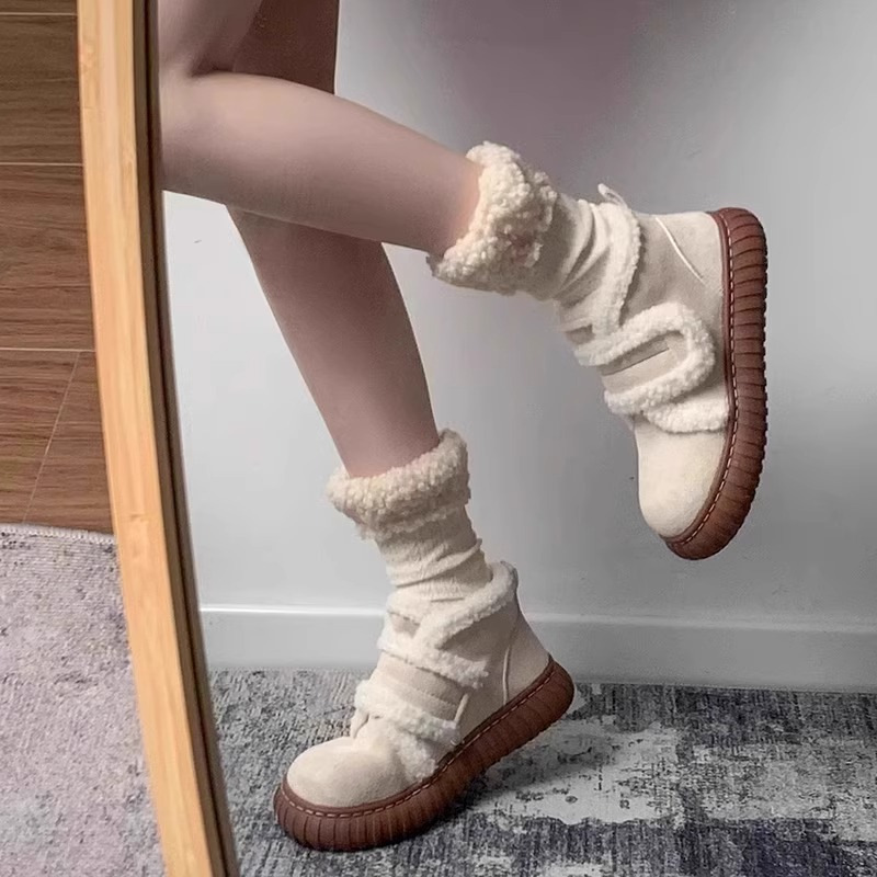 Magia coreana más vello y zapatos de algodón antideslizante grueso 2025 invierno y otoño nuevo calentamiento calentamiento de lana gruesa botas de nieve