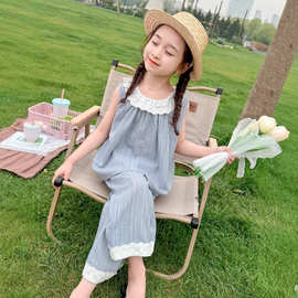 女童无袖套装2025夏季新款韩版花边上衣阔腿裤两件套儿童网红套装