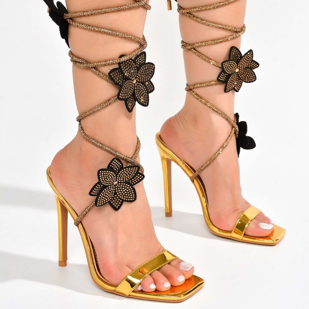 夏季3色高跟凉鞋脚踝水钻绑带花朵装饰heels方头亚马逊11cm细跟女