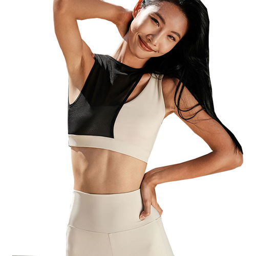 Yoga vest for women, breathable mesh, contrasting color stitching, high-elastic running training top, high-intensity sports bra bra