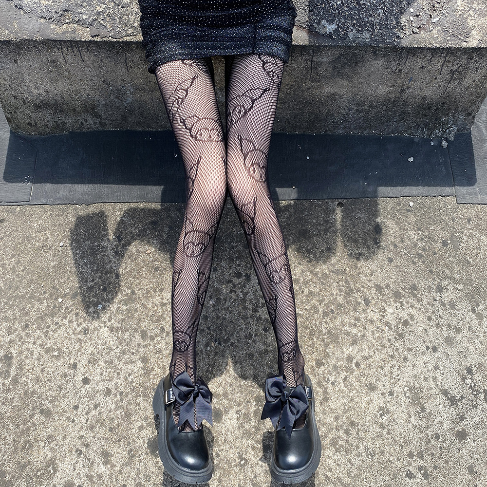 kitty pattern japanese cute stockings jk socks net red black stockings （thin） hollow jacquard mesh stockings stockings