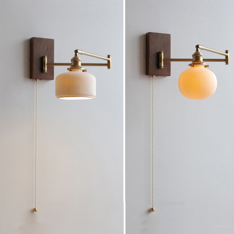 Cross-Border Retro Rotating Wall Lamp Japanese Style Bedside Bedroom Designer with Pull Cord Switch Left and Right Rotatable Long Arm Wall Lamp
