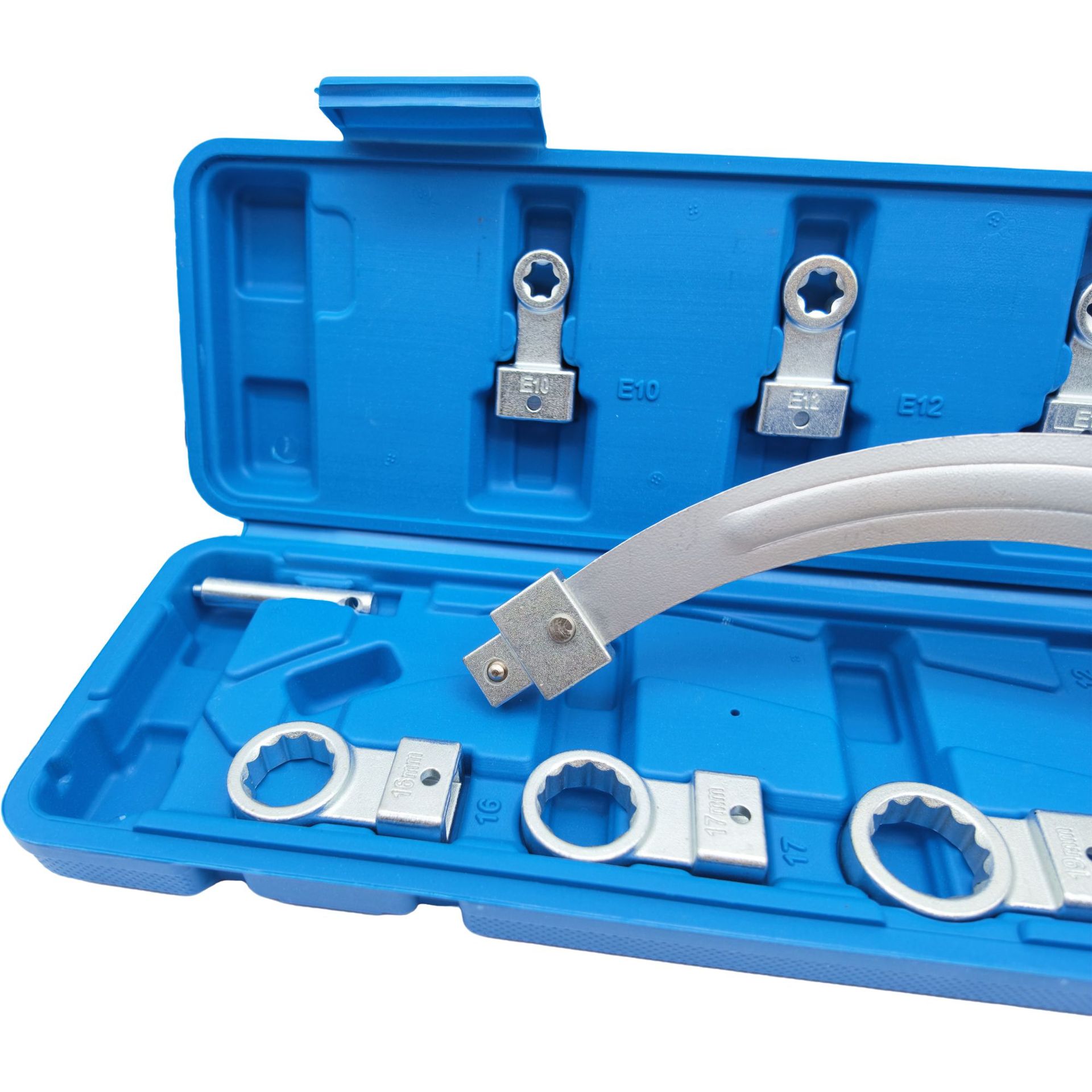 15-piece automotive engine belt tool set, including adjustable wrenches, belt pulley removal and installation tools, and tensioner tools, specifically designed for automotive repair