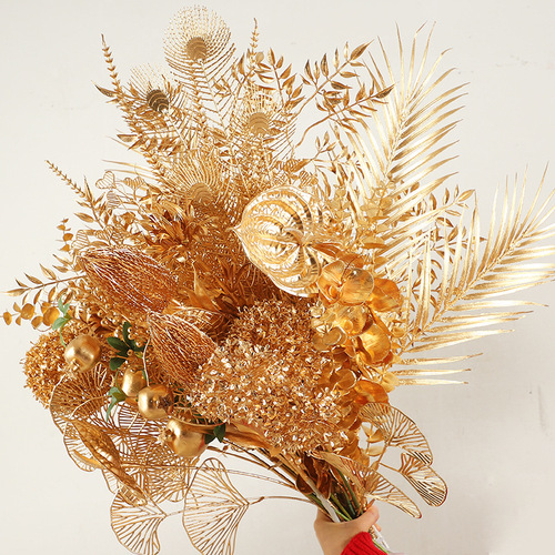 New Year's Eve Flower Blessing Bucket Material Golden Eucalyptus Fan Leaf Simulation Holly Ginkgo Gold Leaf Flower Packaging Wholesale