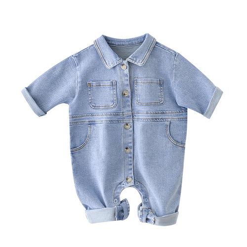 Huzhou Zhili Manufacturer Spring and Autumn Newborn Korean Version Ins Jumpsuit Baby Cartoon Denim Jumpsuit Romper