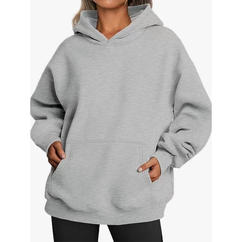 Cross-Border Amazon Women's Hoodies Plain Solid Color Sweatshirt Autumn and Winter Fleece Pullover Loose Casual Pocket Top