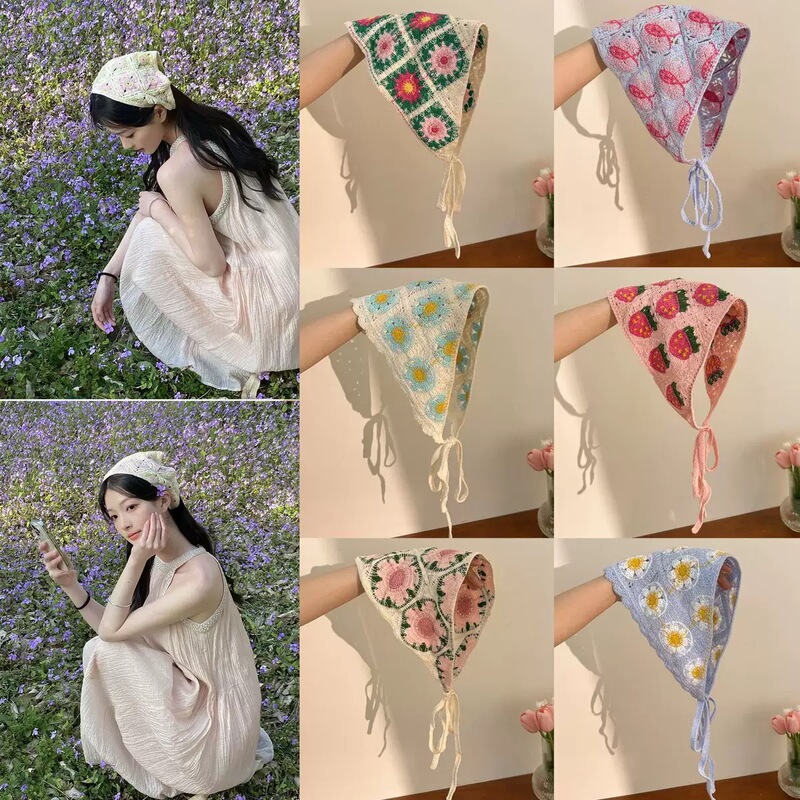French Retro Knitted Cut Out Headscarf for Travel, Sweet and Cute Crocheted Ins Style High-End Triangle Headscarf Hair Accessory French Retro Knitted Cut Out Headscarf for Travel, Sweet and Cute Crocheted Ins Style High-End Triangle Headscarf Hair Accessory