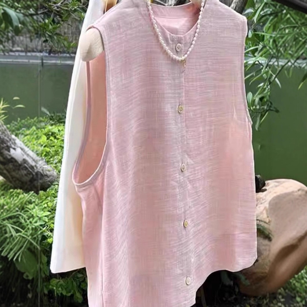 Summer 2025 New Loose-Breasted Top, Fashionable and National Style Design, Round Neck Pink Vest for Women