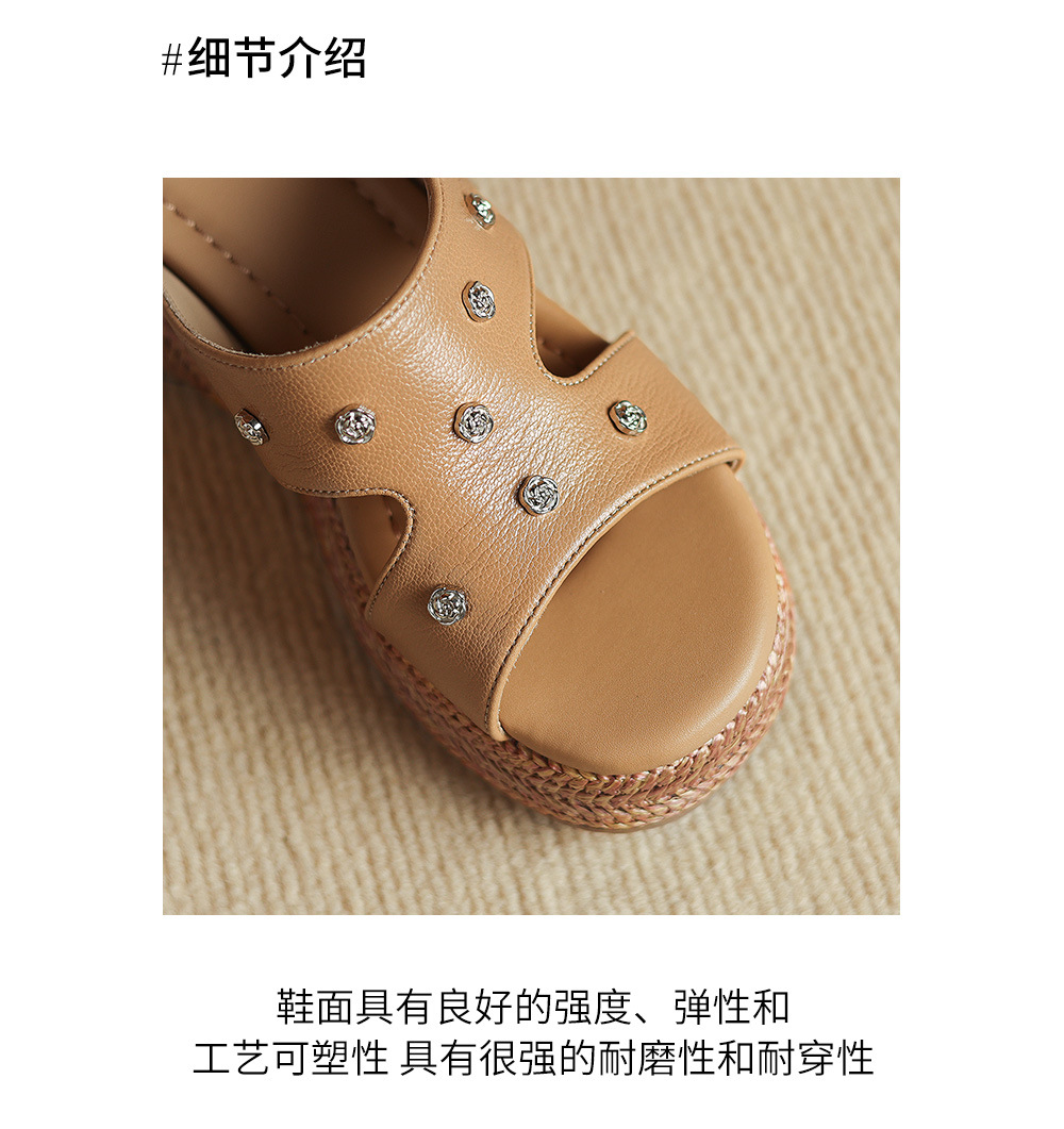 Dép sandal nữ quai chữ V đế đan thô đinh tán mũi hở — Trà sữa màu, màu trắng ngà chi tiết 5