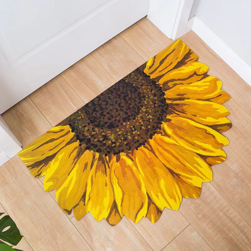 Semicircular Entrance Door Foot Wiping Mat, Floral Pattern Home Carpet, Bathroom Water Absorption, Rubber Backing,_voghion.com