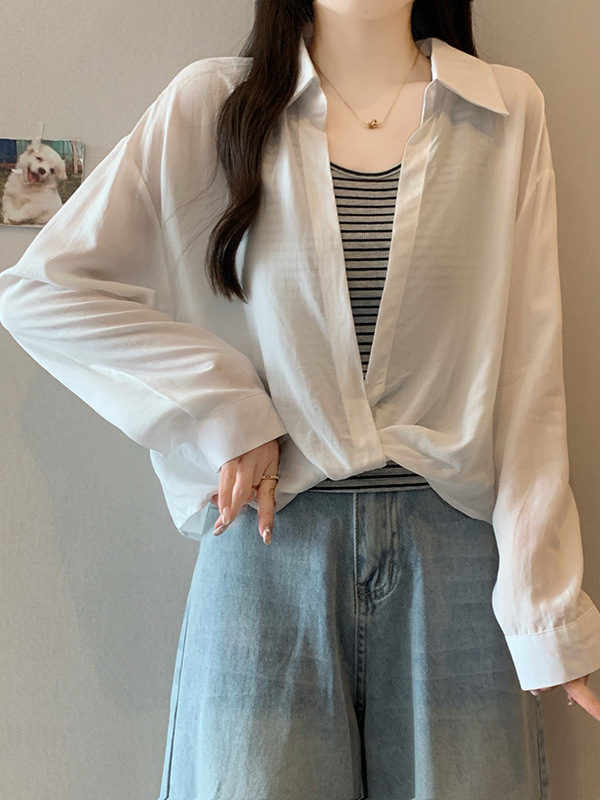 2025年秋装新款胖mm大码女休闲条纹背心防晒衬衫上衣气质显瘦套装|undefined