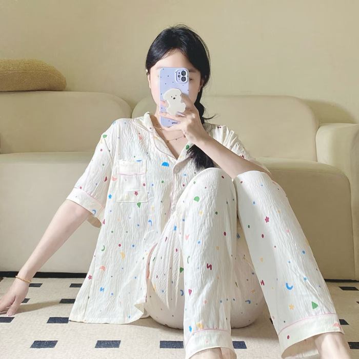 Verano nuevo pijama de amor mujer adorable oso simple ocio delgado nubes algodón ropa doméstica dos piezas conjunto al por mayor