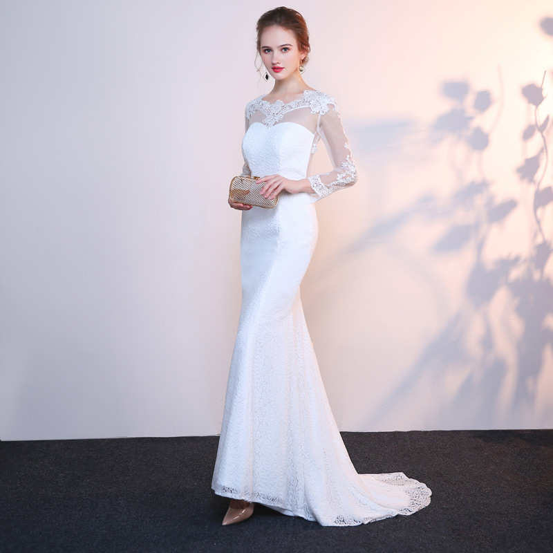 Comercio exterior de Europa y América Amazon AliExpress deseo nuevo encaje manga larga sexy backless fishtail vestido novia puede ser personalizado