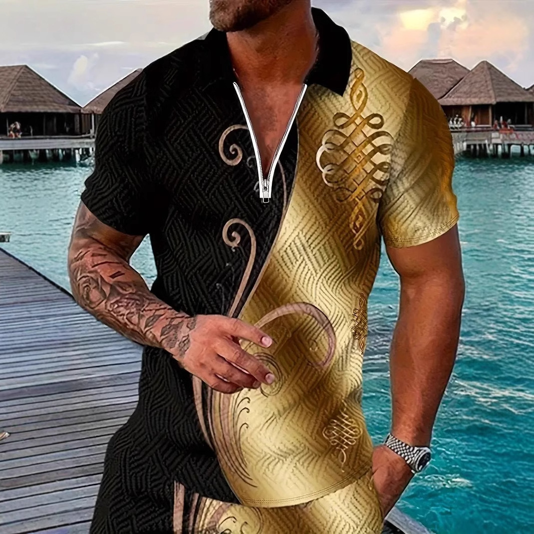 Camisa POLO con cremallera de solapa de manga corta suelta y transpirable casual con estampado 3D de moda de alta calle para hombres