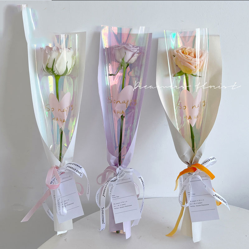 七夕情人节教师节鲜花包装幻彩透明单支袋彩虹防水花束包花纸鲜花