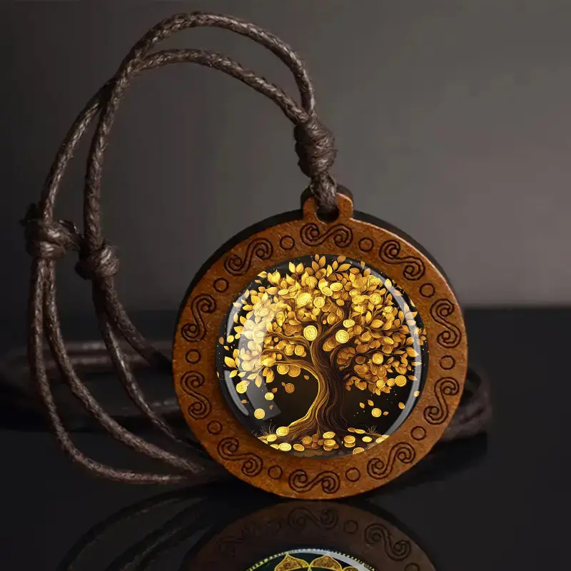 Gold Coin Filled Tree Pendant Necklace - Prosperity and Wealth Jewelry with Adjustable Brown Cord