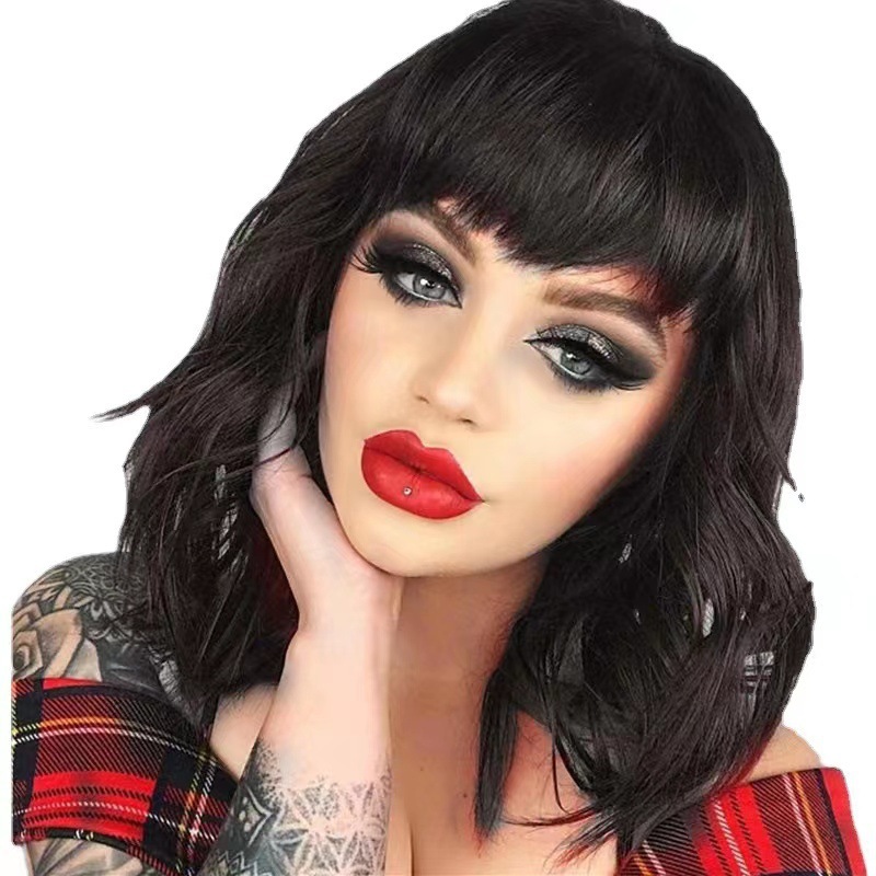 Chic Short Curly Lace Front Wig With Bangs Shoulder Length Style_voghion.com