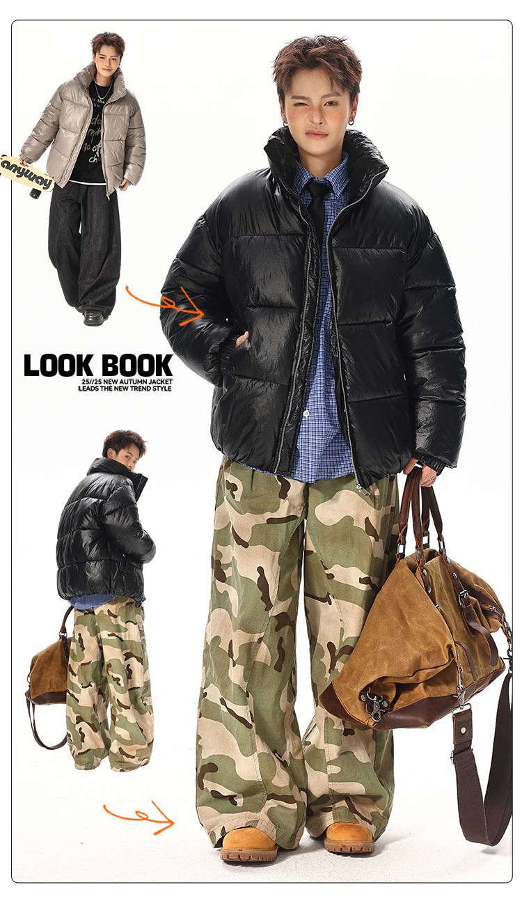 Nylon-Baumwollwattierte Kleidung für Damen und Herren, lockere Baumwollwattierte Jacken, Brotkleidung, Stehkragenjacken für Herren_voghion.com