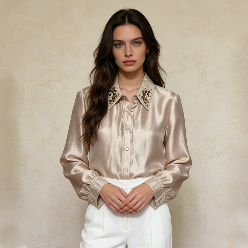 Korean-Style Casual Loose-Fitting Rhinestone-Embellished Shirt for Women, 2026 Autumn New Fashion, Stylish and Lazy Style Long-Sleeve Top