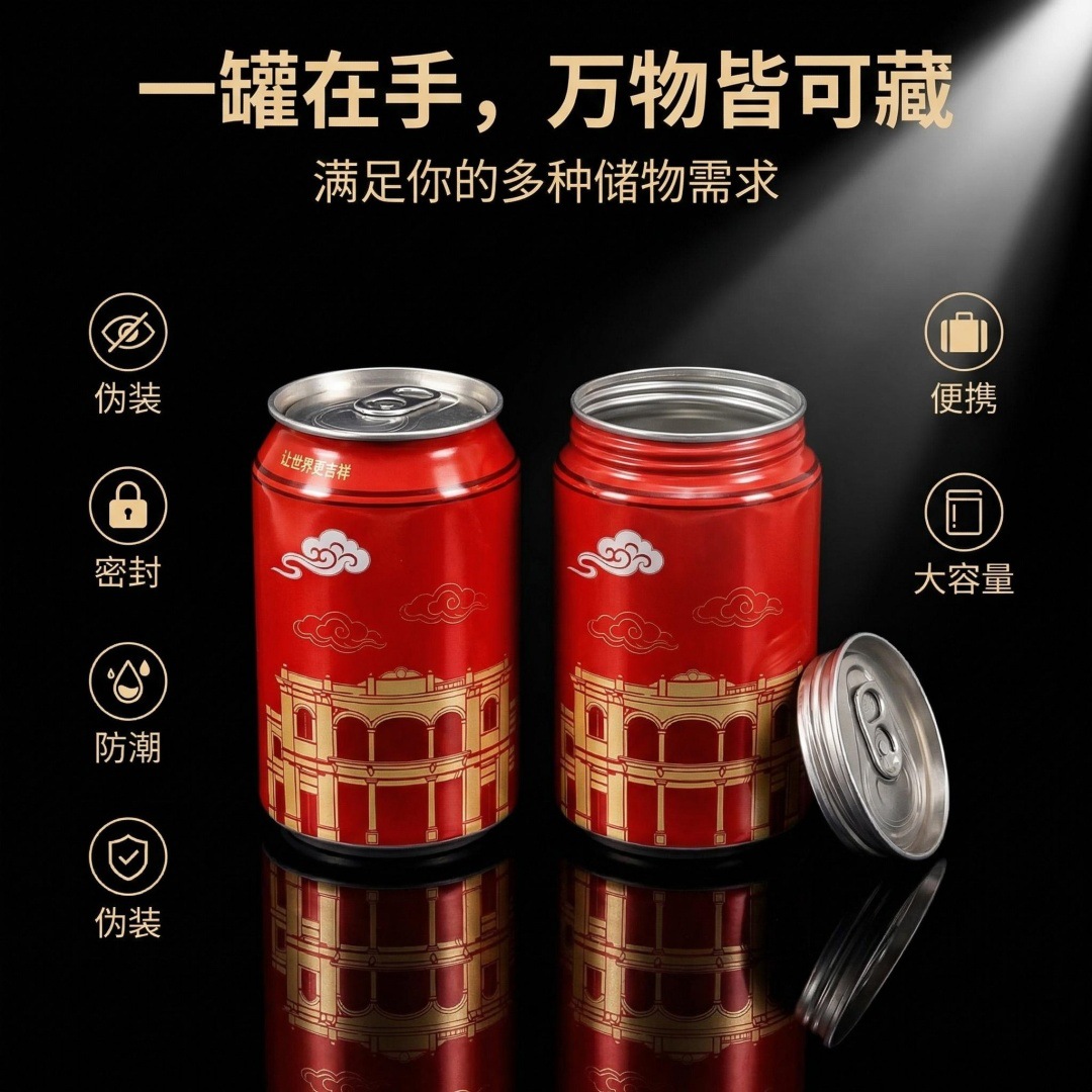 文创广州凉茶多功能易拉罐储蓄罐大容量钱箱藏香烟现金珠宝首饰盒