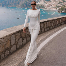 夏季欧美新款女装白色咖色长袖飘带长裙圆领打结连衣裙修身礼服裙