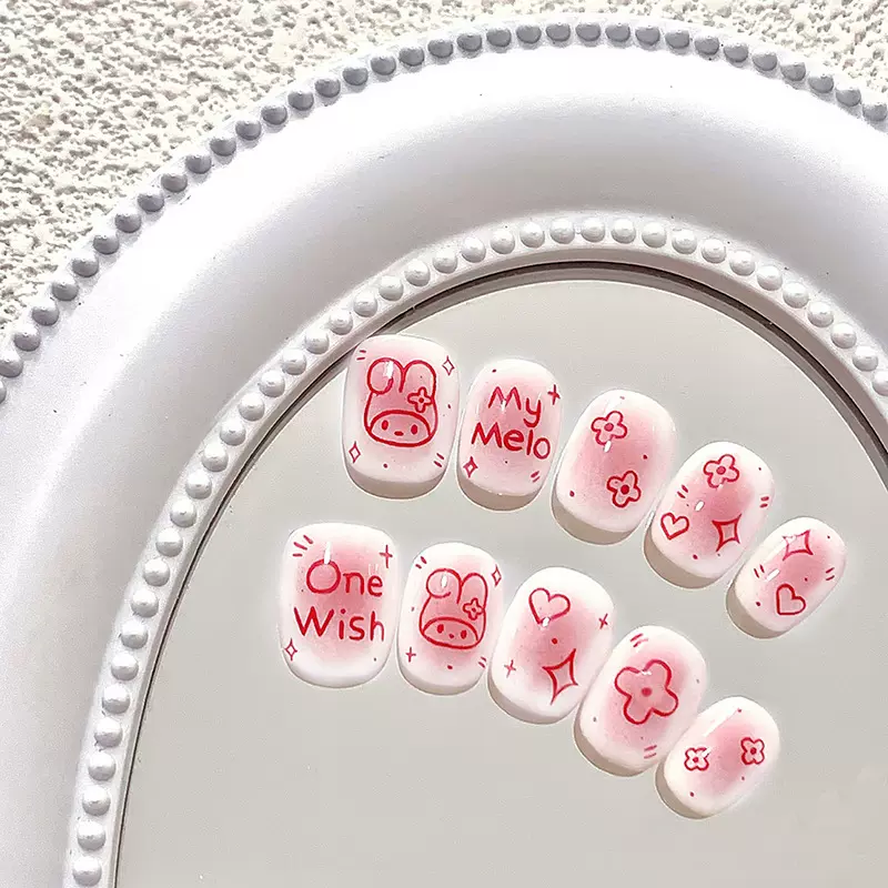 短款可爱童趣腮红美甲甜美英文兔兔美甲穿戴甲儿童款假指甲批发