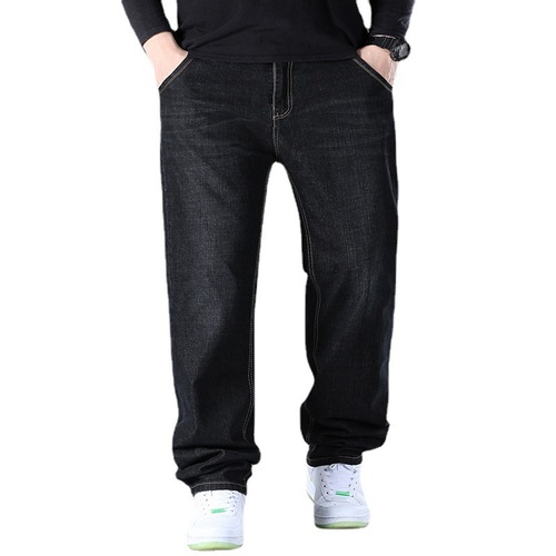 Men's Straight Leg Loose Stretch Denim Jeans, Mid-Waist, Spring and Summer, Medium, Casual