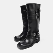 2025秋冬新款黑色皮带扣骑士靴女高筒方头粗跟长靴复古欧美风
