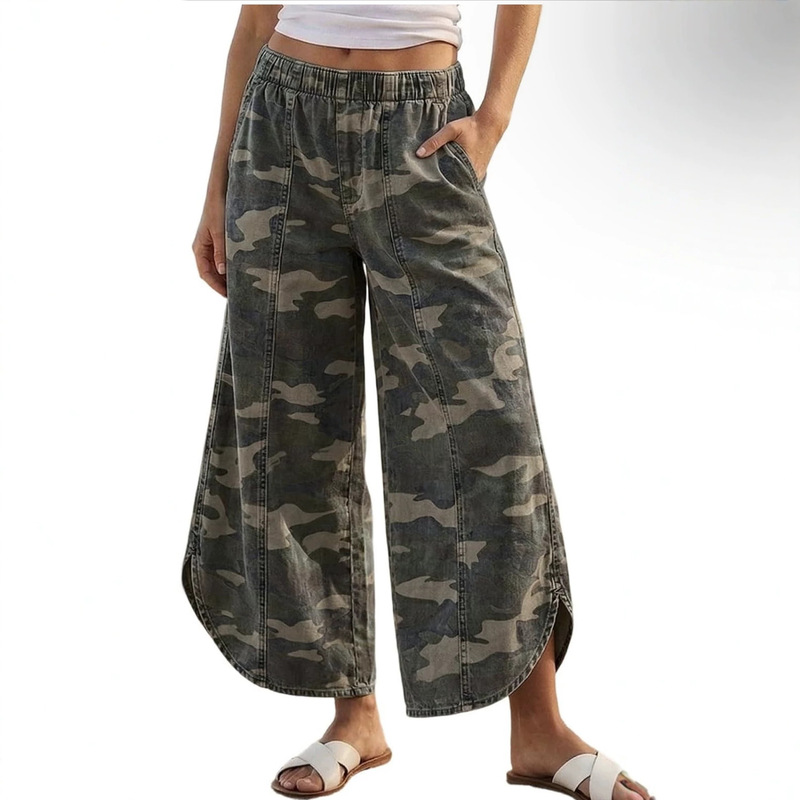 2026 Amazon Cross-Border Autumn/Winter Y2K Camouflage Print Wide-Leg Casual Jeans with Elastic Waist and Tulip Hem
