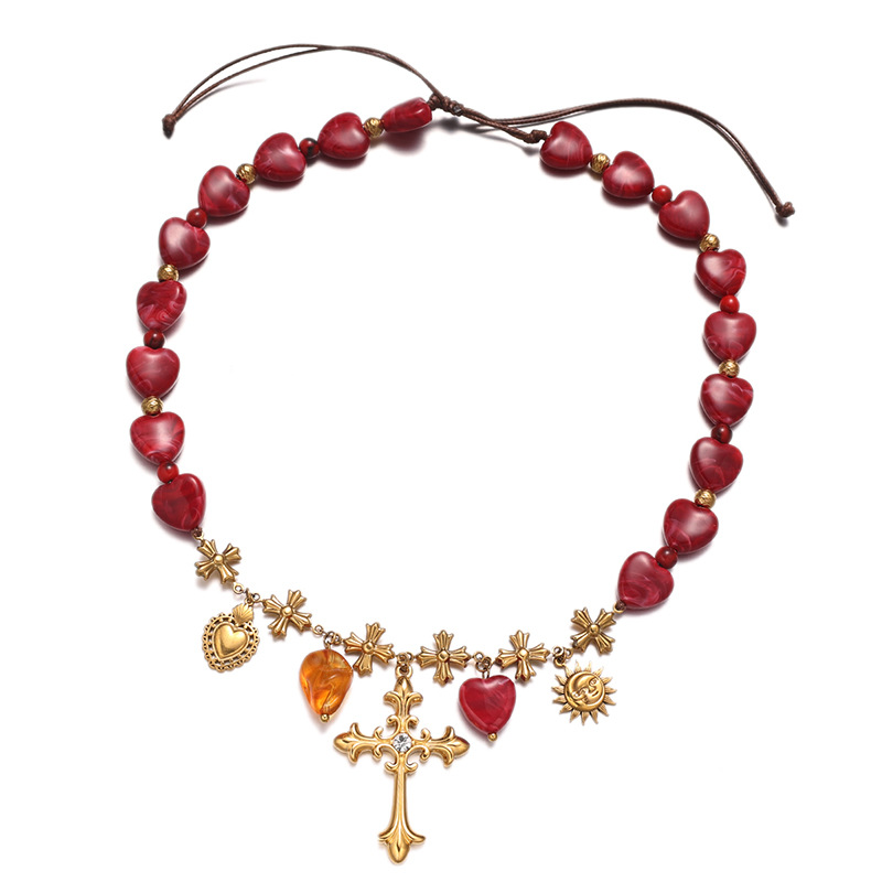 TENA estilo retrógrado francés corte acrílico collar de amor rojo colgante de cruz lujo ligero alta sensación de mujer