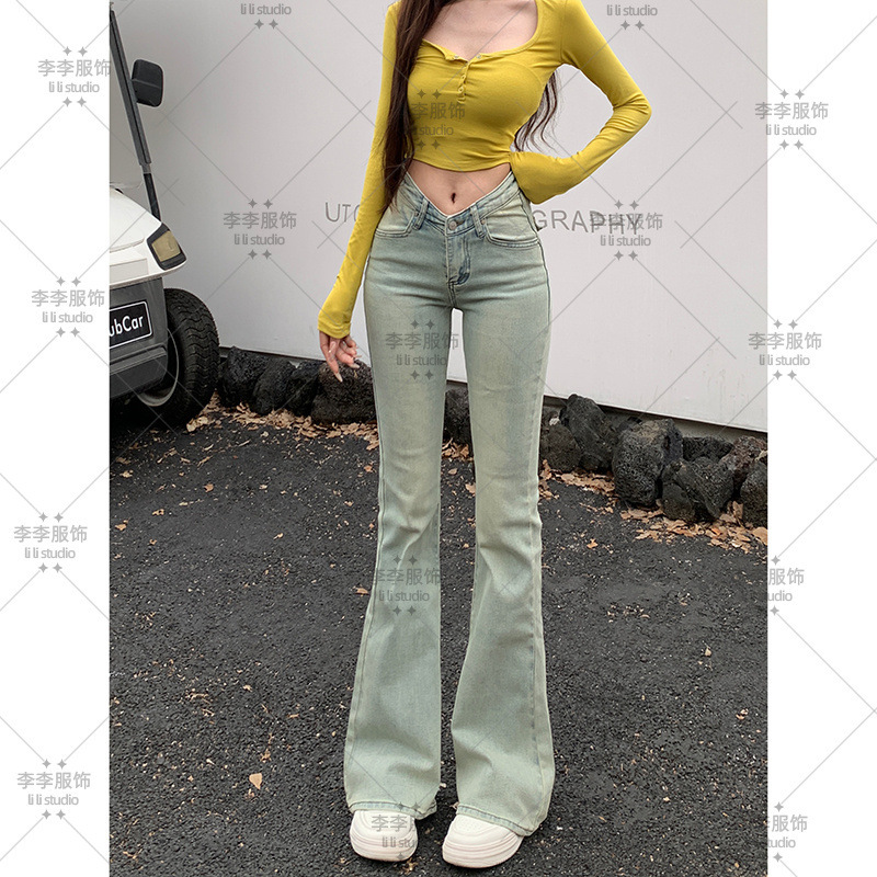 辣妹低腰V腰微喇牛仔裤女2025年秋季新款显瘦弹力提臀怀旧喇叭裤|undefined