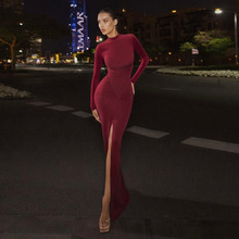 JY25482 欧美跨境秋冬女装半高领性感长袖收腰修身包臀开叉连衣裙