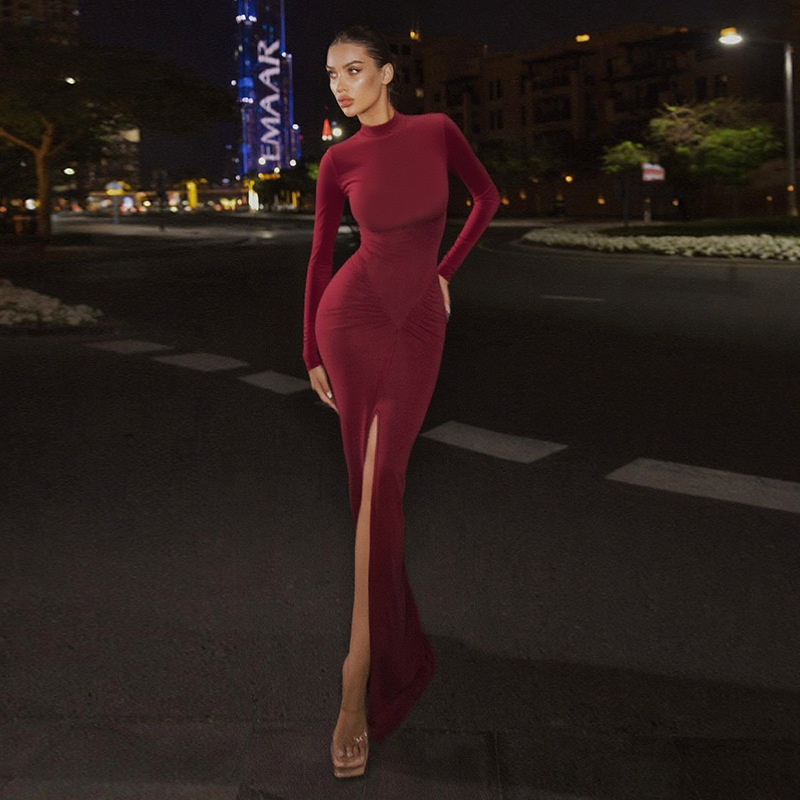 JY25482 欧美跨境秋冬女装半高领性感长袖收腰修身包臀开叉连衣裙