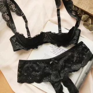 欧美性感蕾丝网纱开裆情趣内衣纯欲少女四分之一杯上托三点式文胸