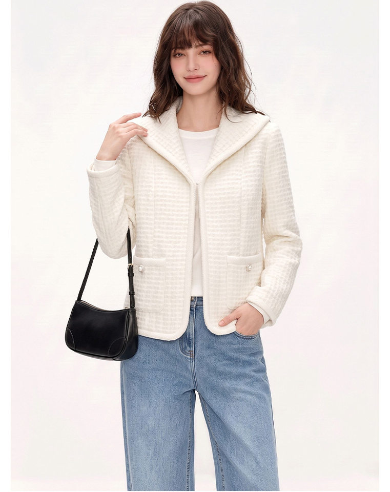 Áo khoác ngắn nữ dáng vest chất liệu len cừu phối vải tweed thanh lịch — Vanilla trắng chi tiết 8