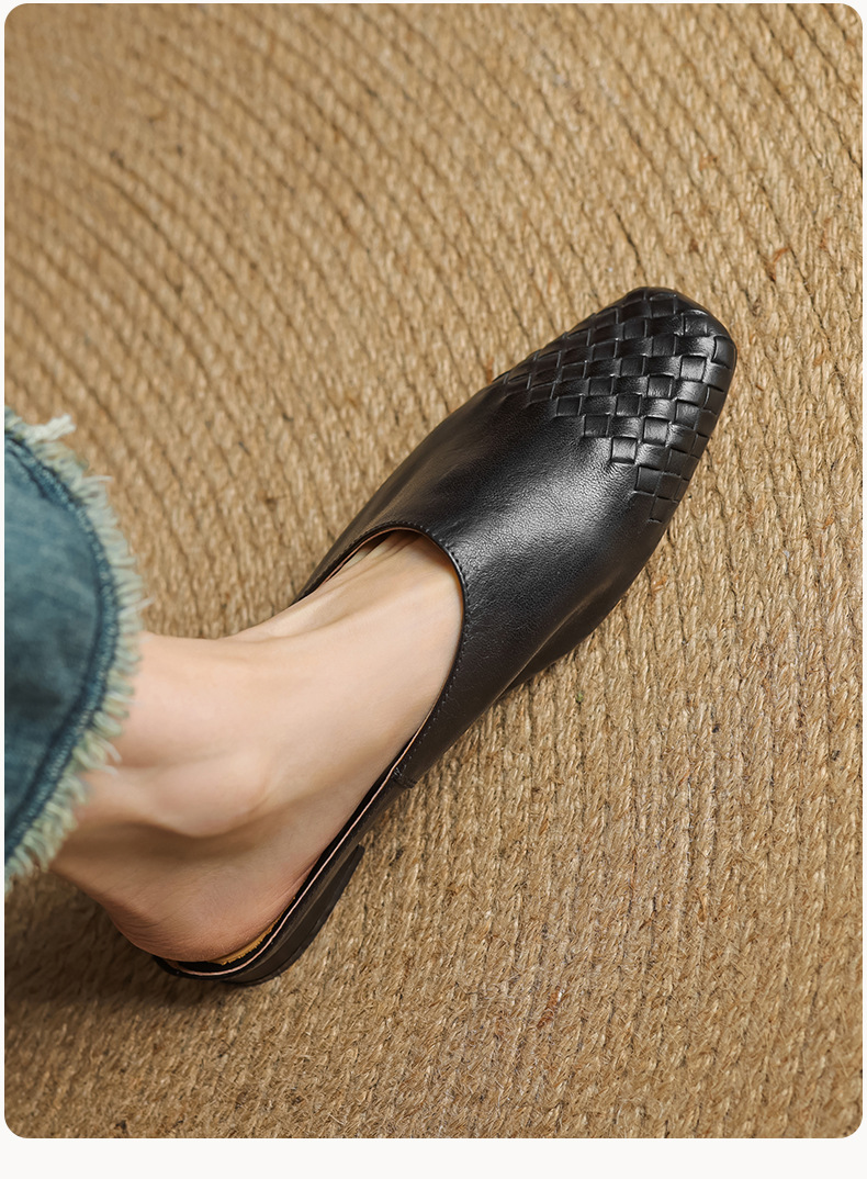 Giày mule nữ da bò mũi vuông miệng nông đế bệt — màu nâu chi tiết 18