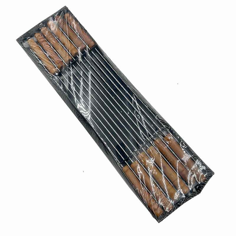 Fuente fabricante de acero inoxidable barbacoa palo mango de madera aguja de barbacoa atar redondo palo plano palo carne pinchos barbacoa soldadura brazing Chrome pinchos