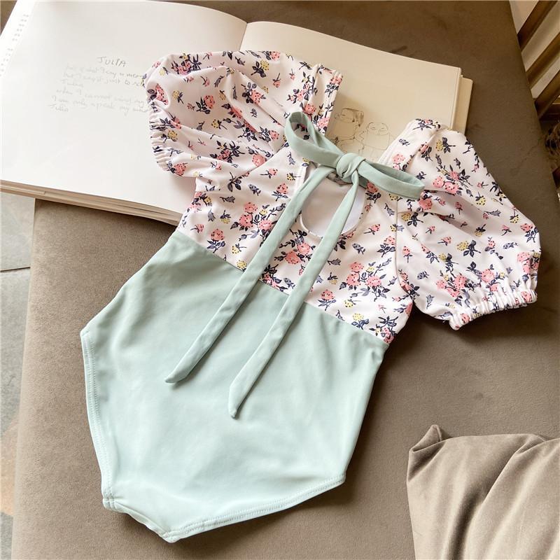 New Girls' Floral Floral Girls' Children's Swimwear Suit with Super Cute Bow Swimwear Princess Baby Puff Sleeve Western Style
