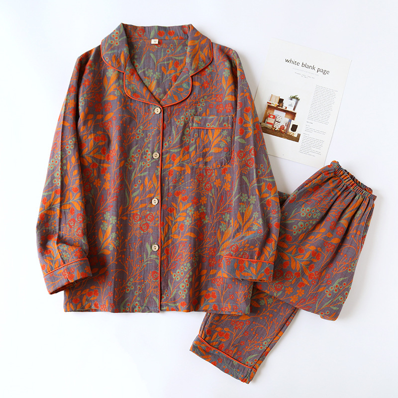 Four-size Cotton Yarn-dyed Jacquard Leaf Pajamas suit Women's Four-season Thin Long-sleeved Trousers Mom's Home Clothes