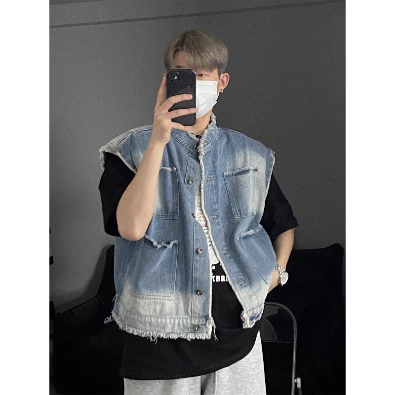 American High Street Niche Design Denim Vest Jacket Men's Spring and Summer New Raw Edge Loose Sleeveless Vest Jacket