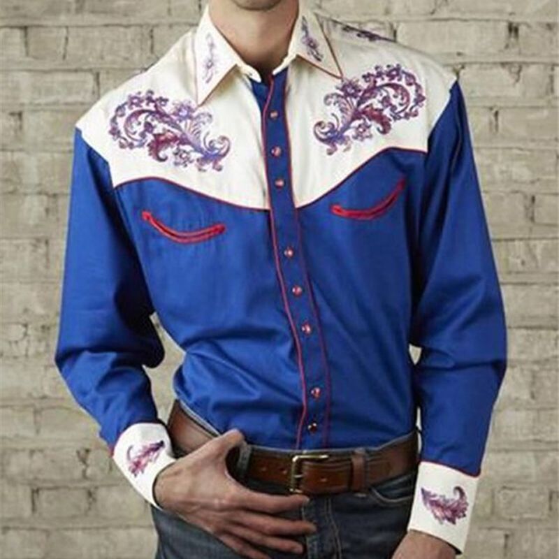 2023 Cross-Border New Men's Fashion Embroidered Shirt American Western Style Pattern Loose Long Sleeve Shirt