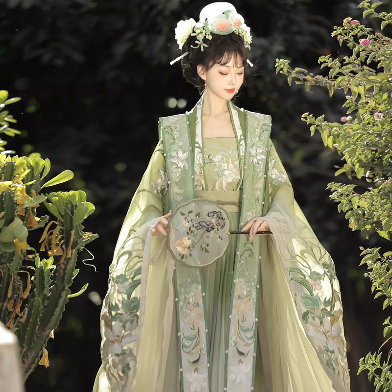 Luozhu【Spring Mountain Sky】Hanfu for Women, Authentic Original Design, Song-Style Heavy Embroidery, Large Sleeves, National Style, Stunning Summer Gown