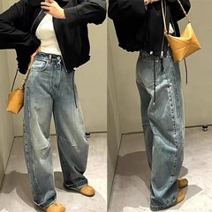 现货南油 loe家蓝色复古印花弯刀牛仔裤女刘雯同款高级感气质长裤