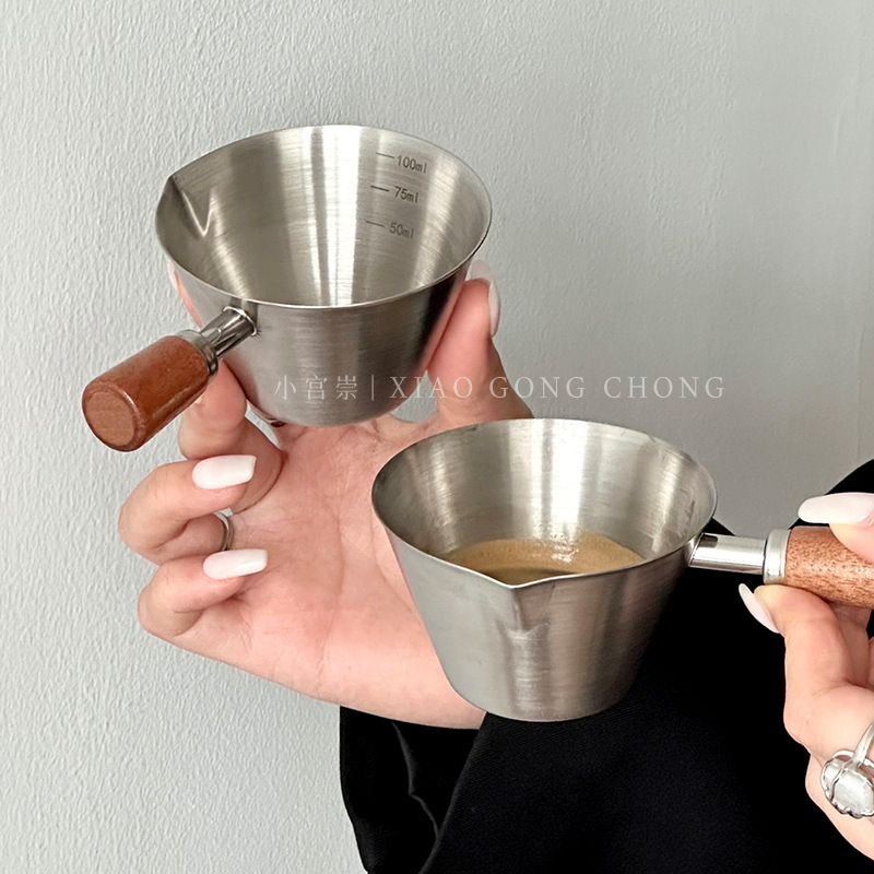 Walnut Handle Espresso Measuring Cup Stainless Steel with Handle and Scale Extraction Cup Small Milk Cup 100ml